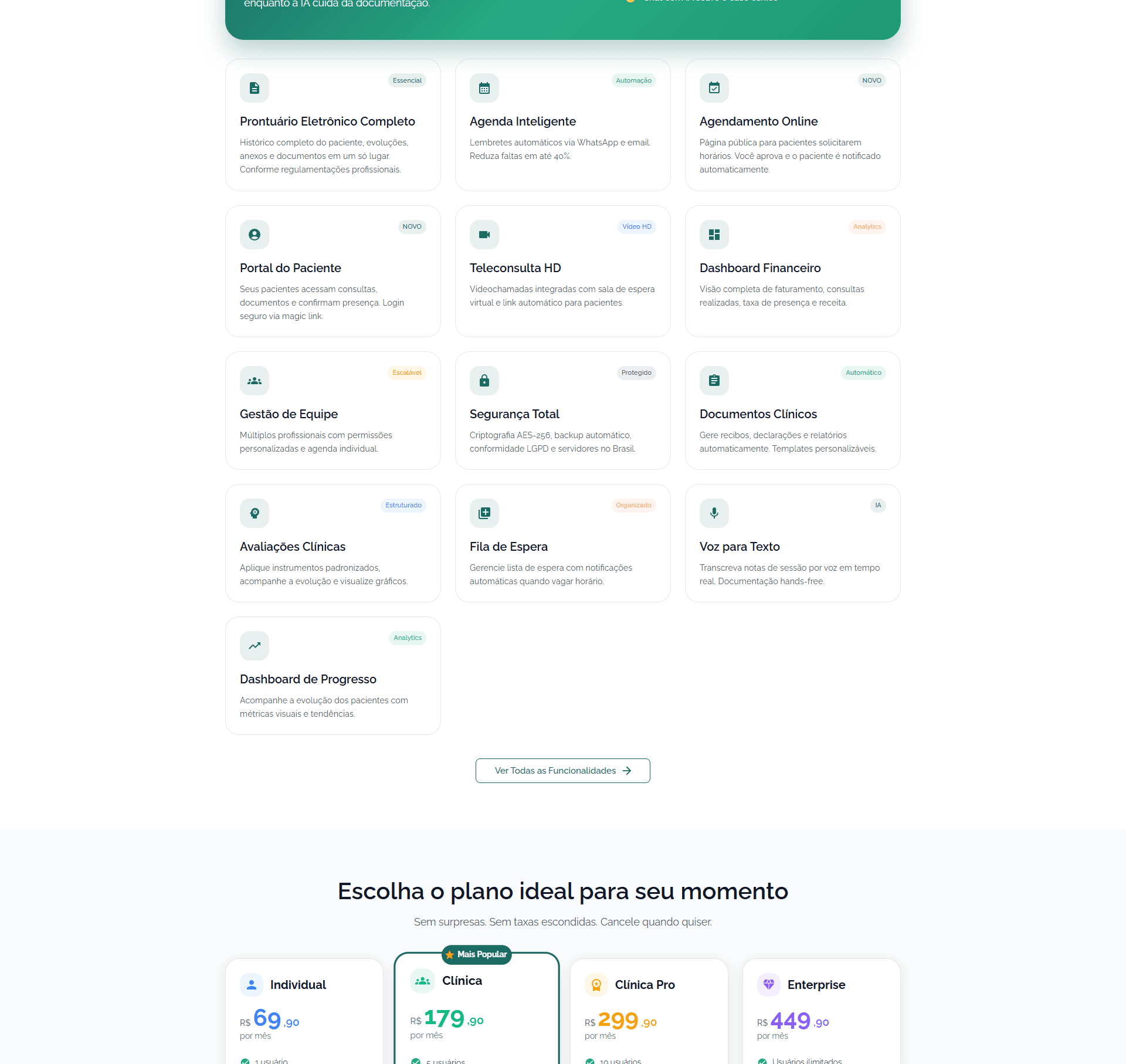 Site — funcionalidades — Clinafy
