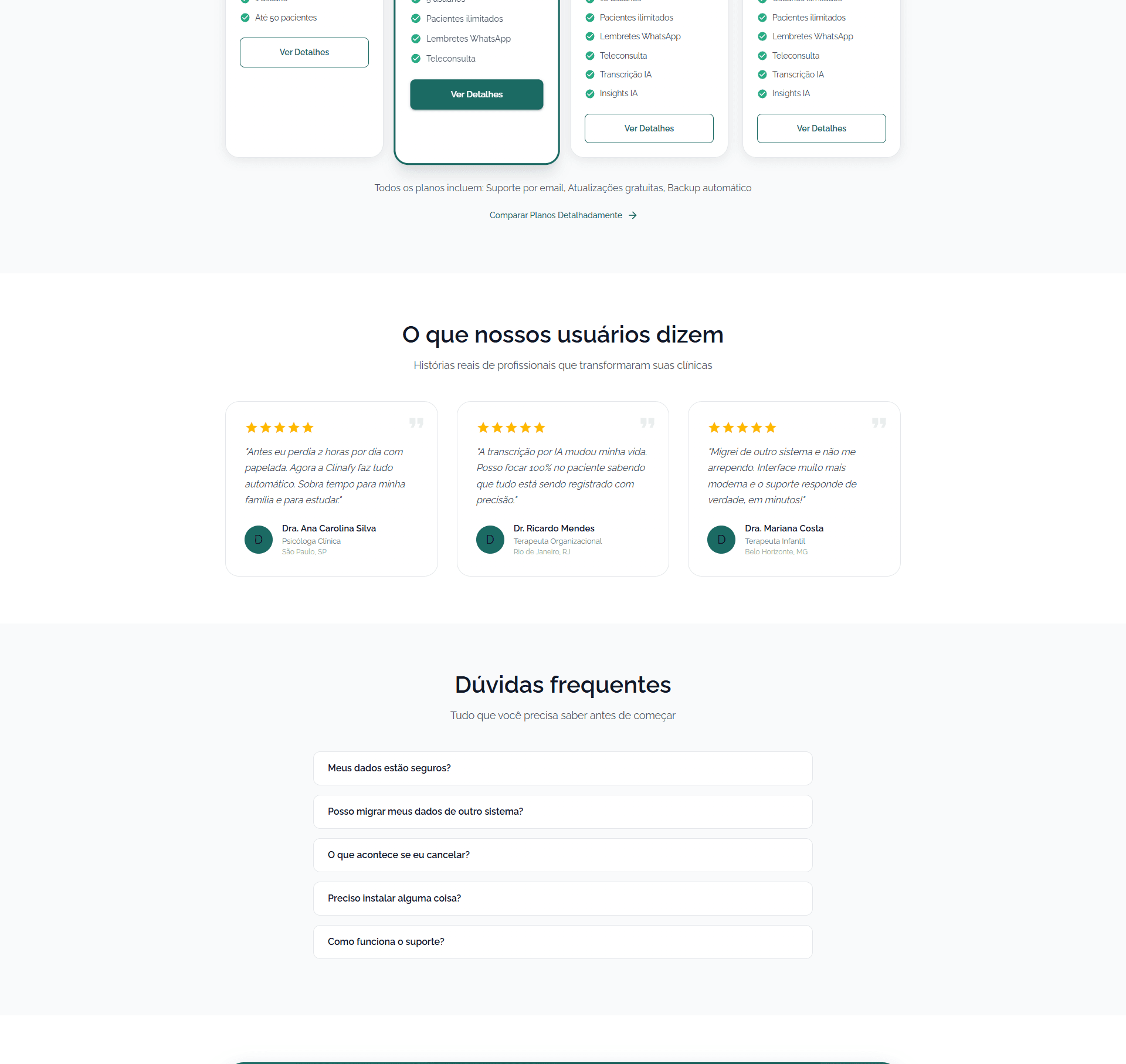 Site — planos e depoimentos — Clinafy