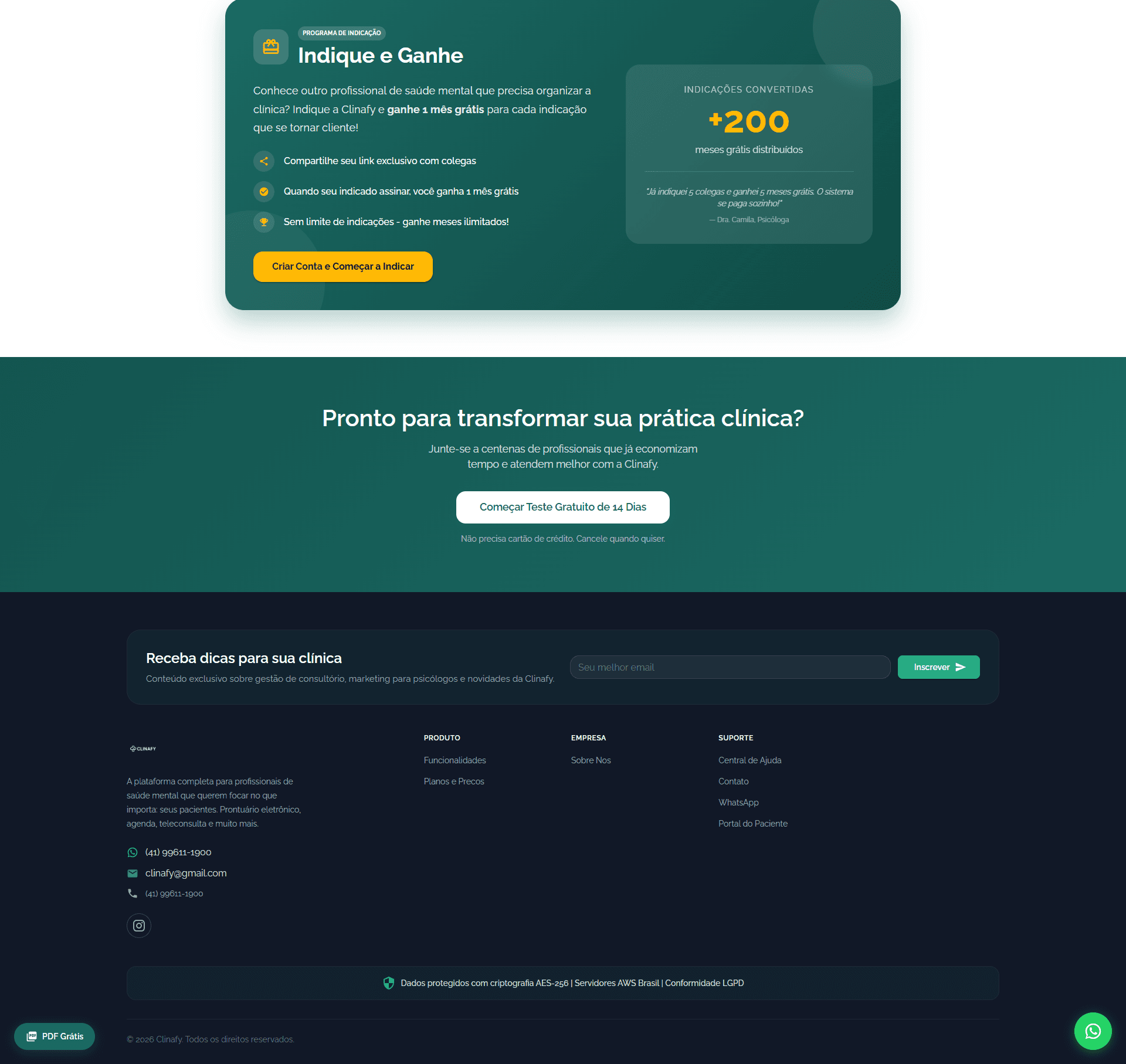 Site — indicação e rodapé — Clinafy